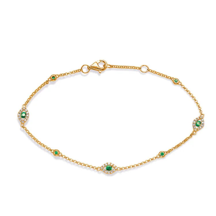 14 KT Emerald Shape Yellow Gold Emerald & Diamond Bracelet