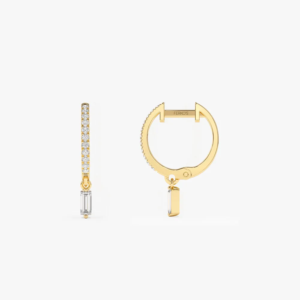 14k Diamond Huggies with a Dangling Baguette Diamond