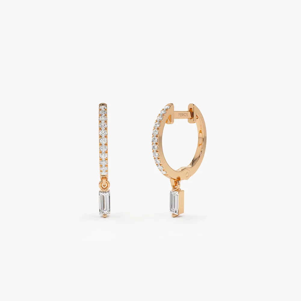 14k Diamond Huggies with a Dangling Baguette Diamond