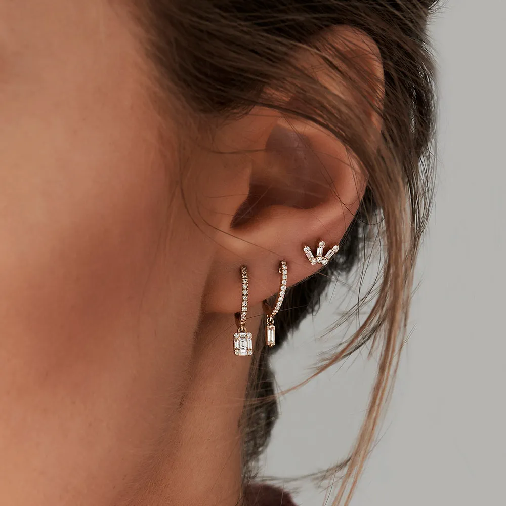 14k Diamond Huggies with a Dangling Baguette Diamond