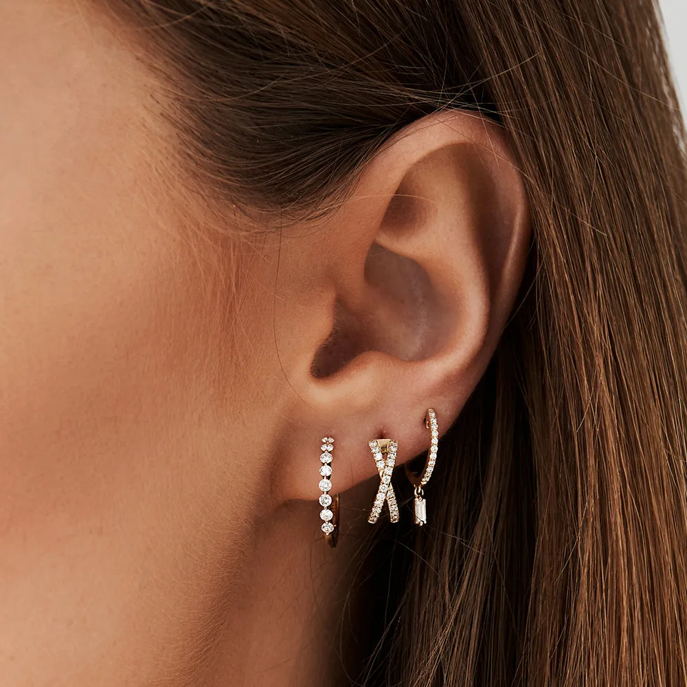 14k Diamond Huggies with a Dangling Baguette Diamond