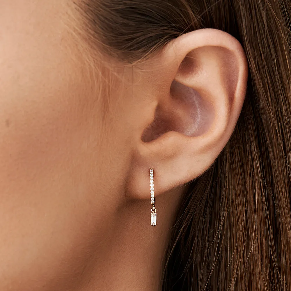 14k Diamond Huggies with a Dangling Baguette Diamond