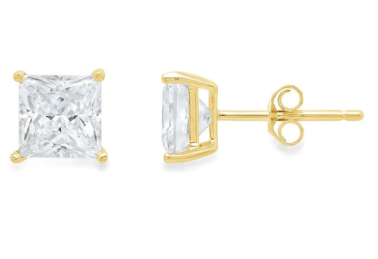 14k Yellow Gold 1/4 Carat Created White Diamond Princess Stud Earrings (SI1) 4 Prong Setting by Paris Jewelry