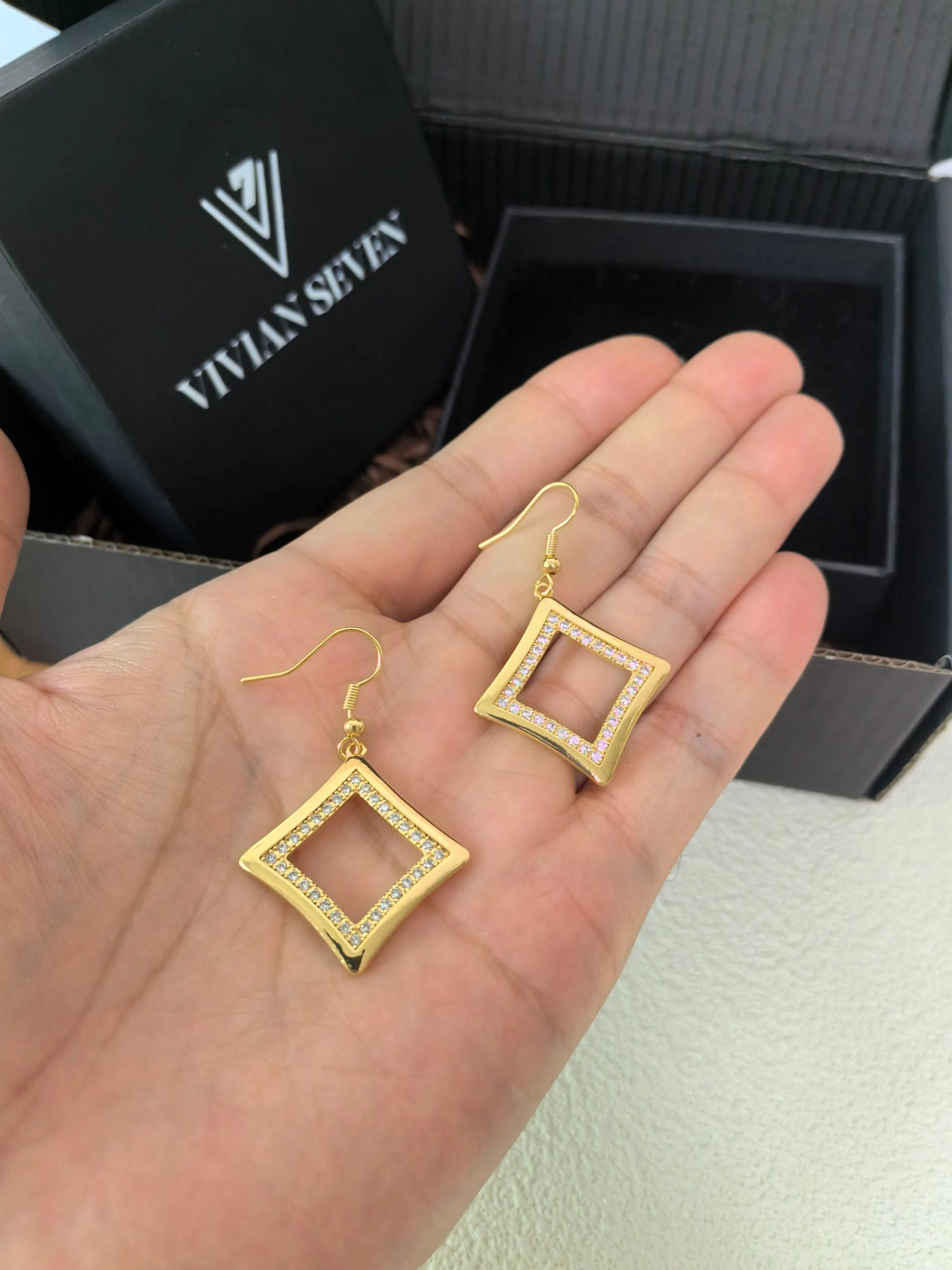 18K Gold Pate Fish Hook Zircon Stone Square Drop Earrings
