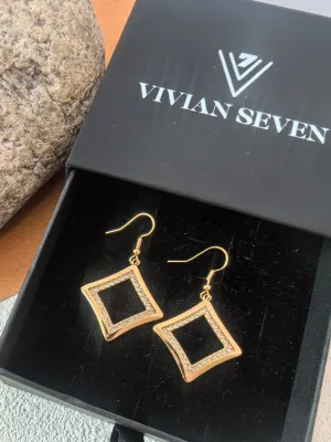 18K Gold Pate Fish Hook Zircon Stone Square Drop Earrings