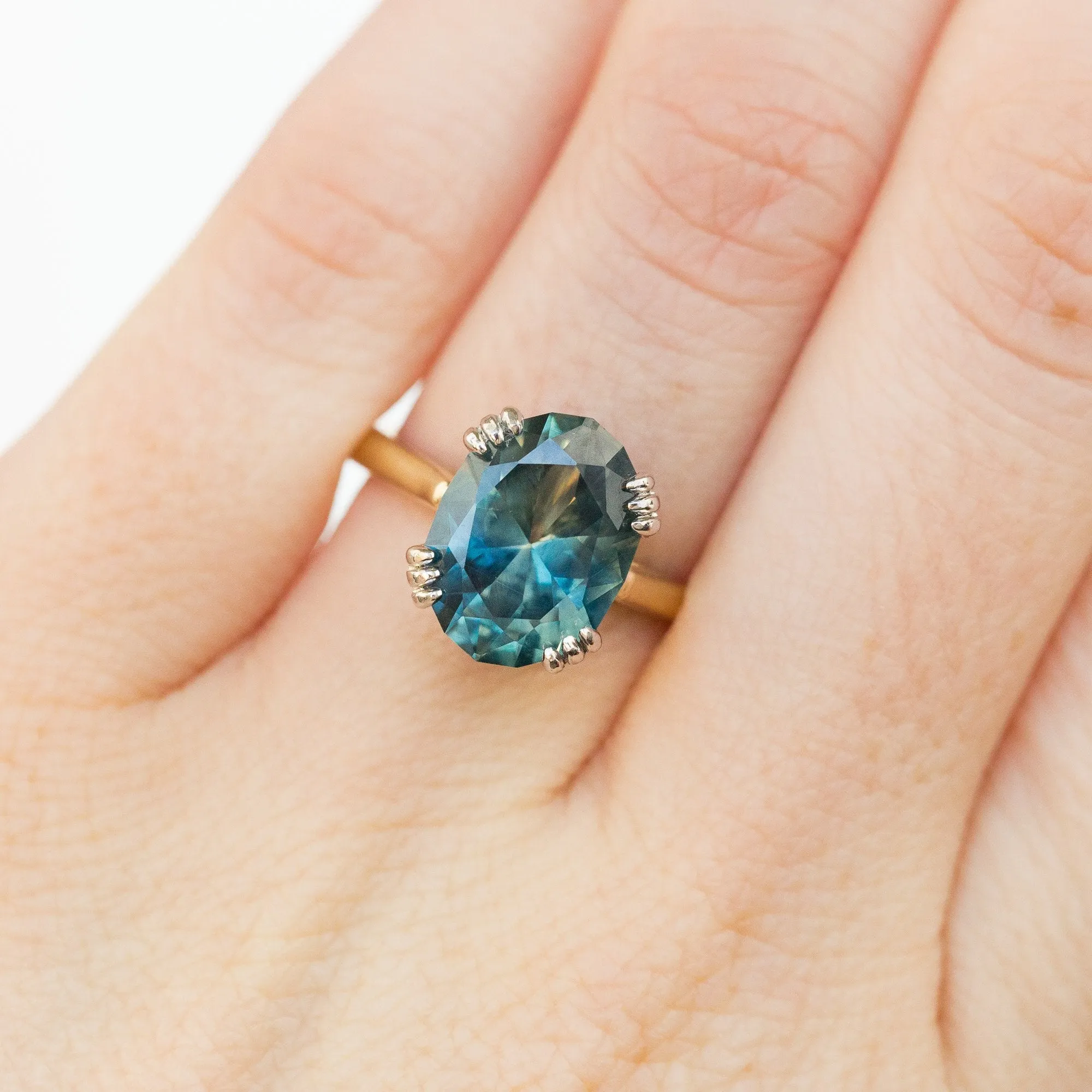 4.37ct Oval Unheated Sapphire in Platinum and 18k Yellow Triple Prong Cathedral Setting