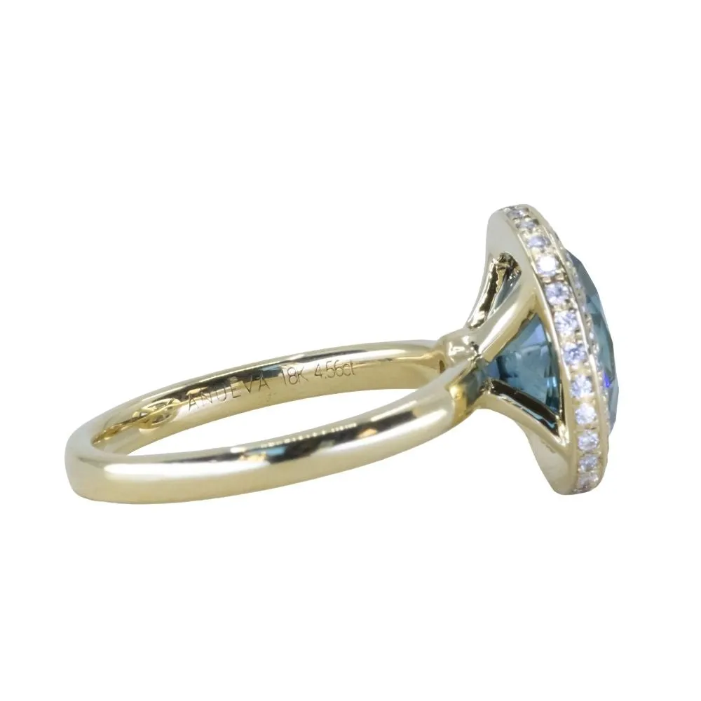 4.56ct Oval Blue Montana Sapphire "Corona" Style Diamond Halo Stackable Ring in 18k Yellow Gold