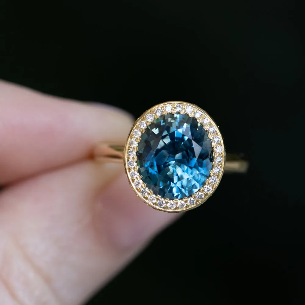 4.56ct Oval Blue Montana Sapphire "Corona" Style Diamond Halo Stackable Ring in 18k Yellow Gold