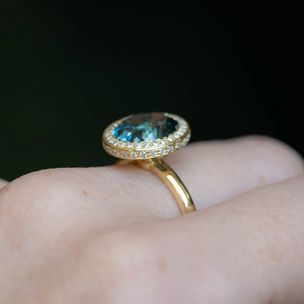 4.56ct Oval Blue Montana Sapphire "Corona" Style Diamond Halo Stackable Ring in 18k Yellow Gold