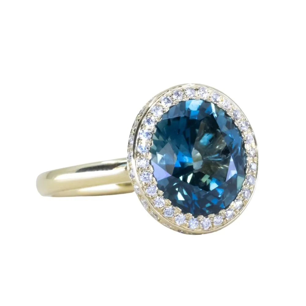 4.56ct Oval Blue Montana Sapphire "Corona" Style Diamond Halo Stackable Ring in 18k Yellow Gold