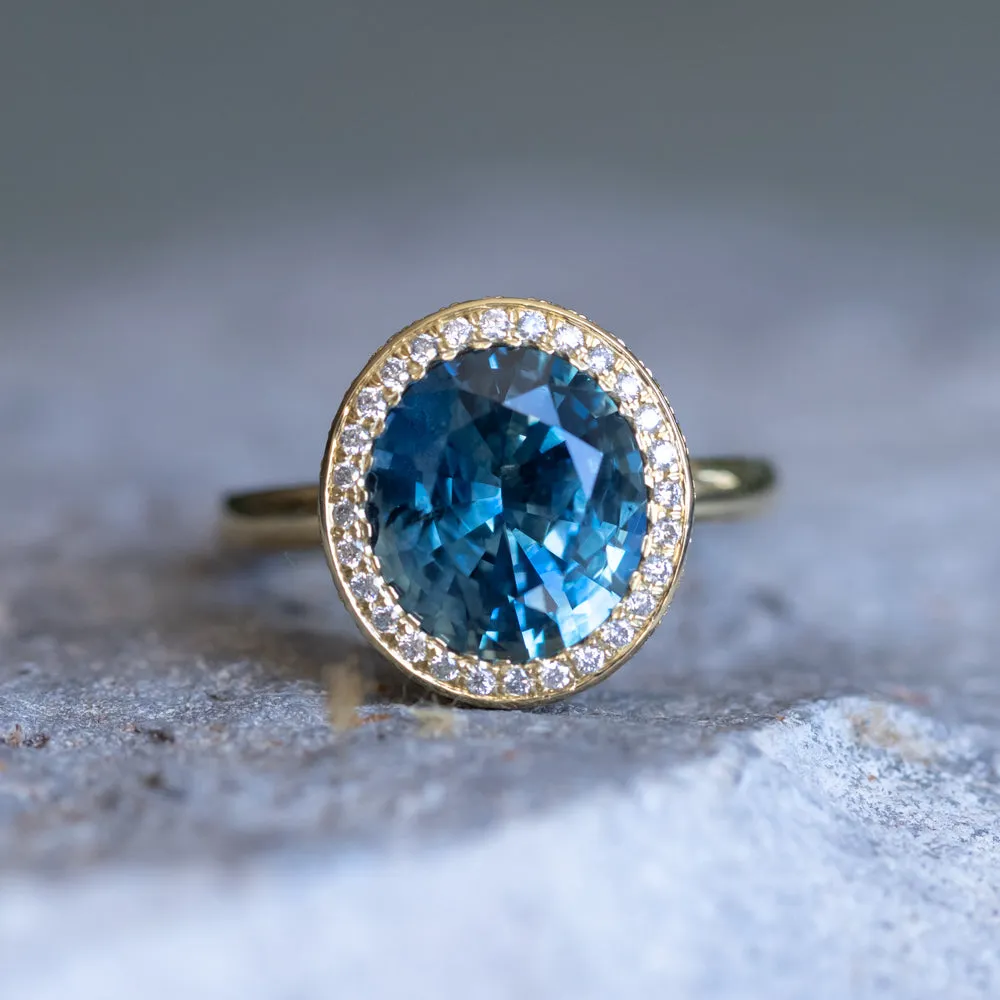 4.56ct Oval Blue Montana Sapphire "Corona" Style Diamond Halo Stackable Ring in 18k Yellow Gold