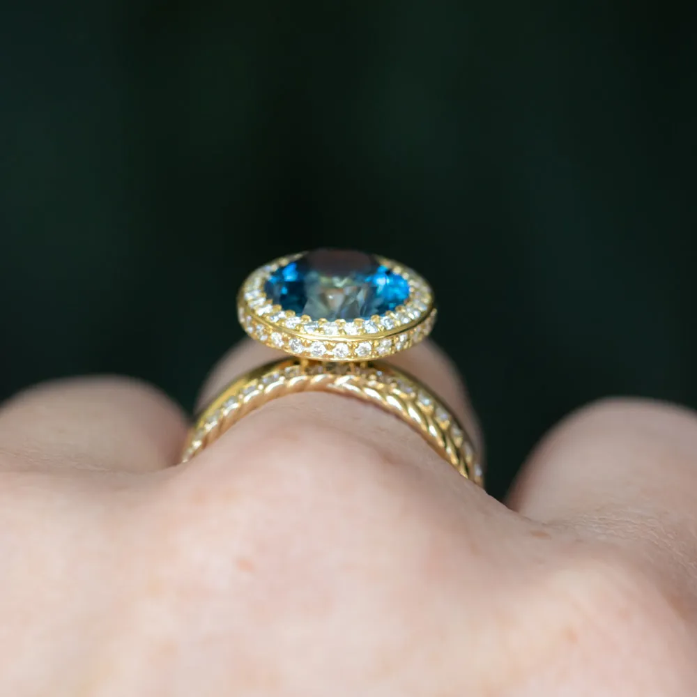 4.56ct Oval Blue Montana Sapphire "Corona" Style Diamond Halo Stackable Ring in 18k Yellow Gold