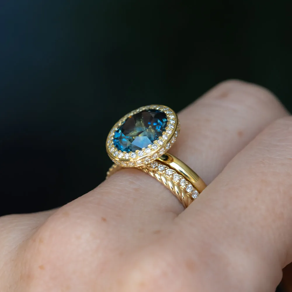 4.56ct Oval Blue Montana Sapphire "Corona" Style Diamond Halo Stackable Ring in 18k Yellow Gold