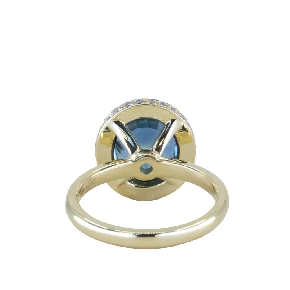4.56ct Oval Blue Montana Sapphire "Corona" Style Diamond Halo Stackable Ring in 18k Yellow Gold