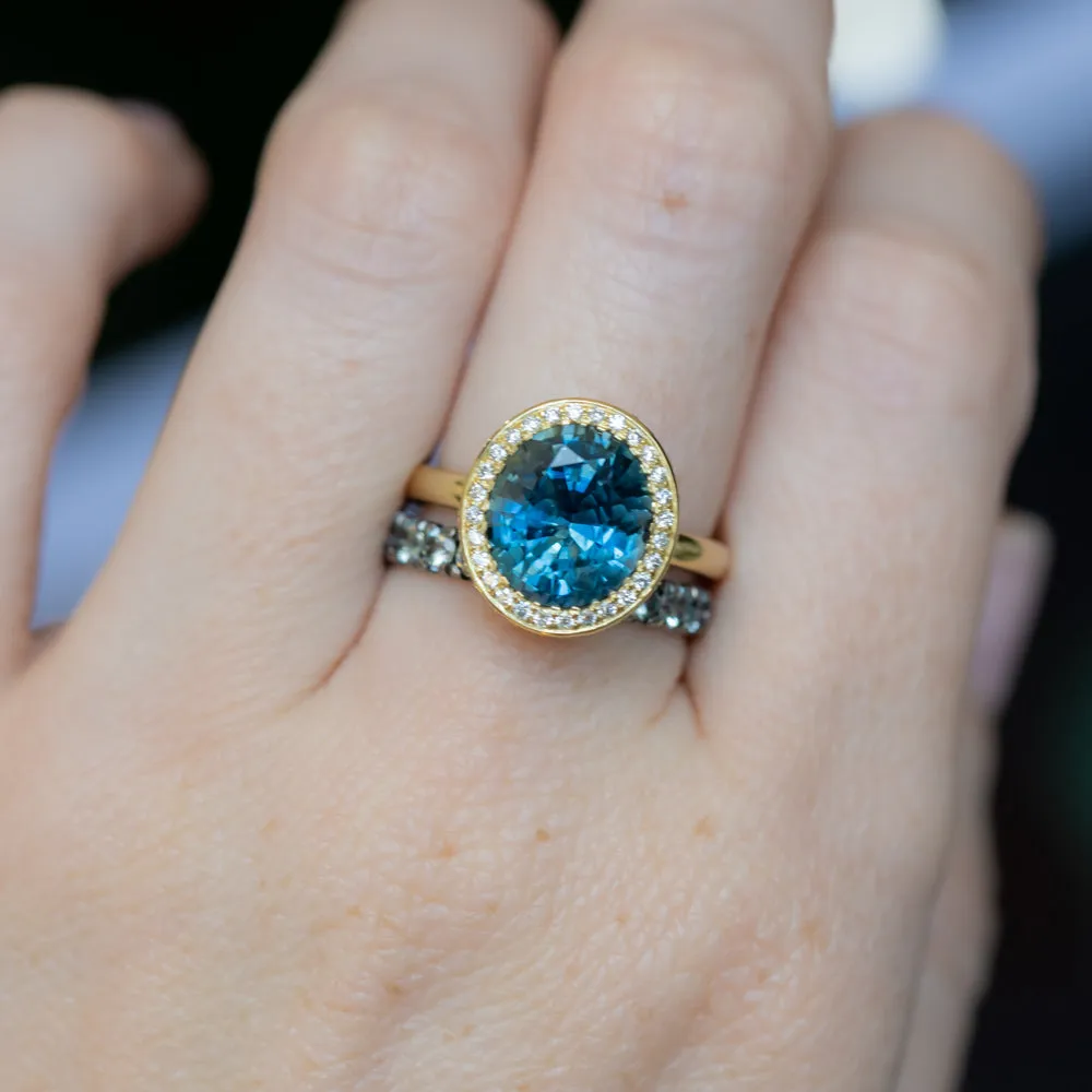 4.56ct Oval Blue Montana Sapphire "Corona" Style Diamond Halo Stackable Ring in 18k Yellow Gold