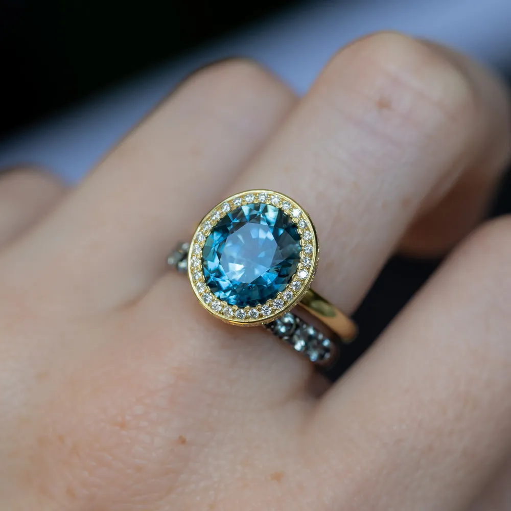 4.56ct Oval Blue Montana Sapphire "Corona" Style Diamond Halo Stackable Ring in 18k Yellow Gold