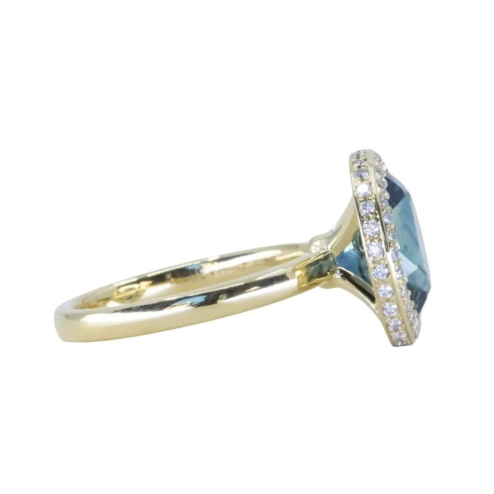 4.56ct Oval Blue Montana Sapphire "Corona" Style Diamond Halo Stackable Ring in 18k Yellow Gold