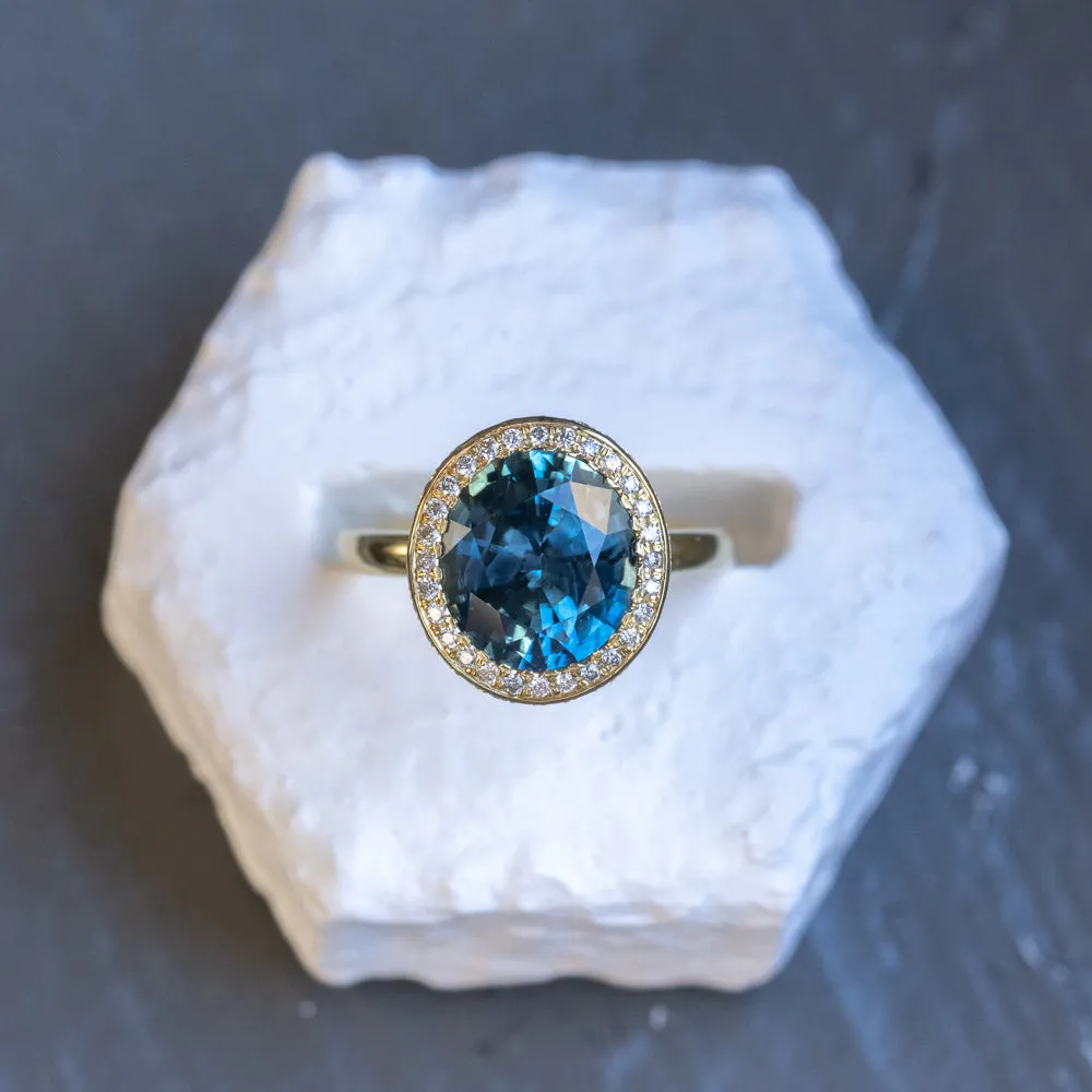 4.56ct Oval Blue Montana Sapphire "Corona" Style Diamond Halo Stackable Ring in 18k Yellow Gold