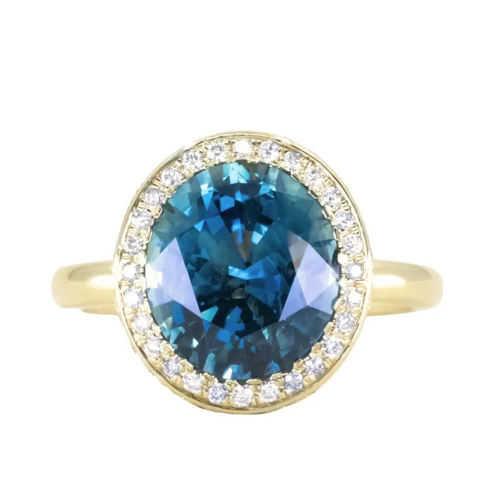 4.56ct Oval Blue Montana Sapphire "Corona" Style Diamond Halo Stackable Ring in 18k Yellow Gold