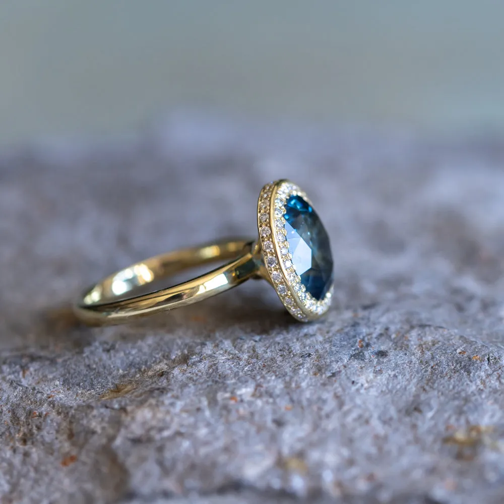 4.56ct Oval Blue Montana Sapphire "Corona" Style Diamond Halo Stackable Ring in 18k Yellow Gold