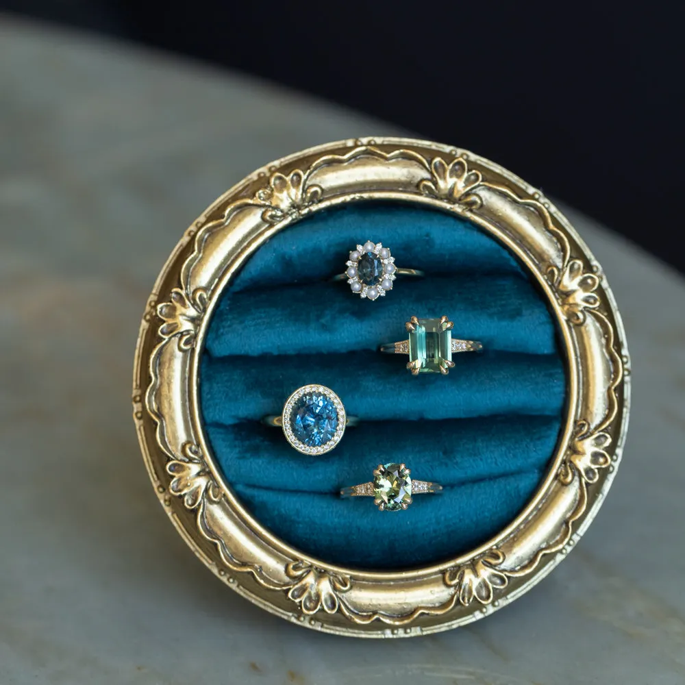4.56ct Oval Blue Montana Sapphire "Corona" Style Diamond Halo Stackable Ring in 18k Yellow Gold