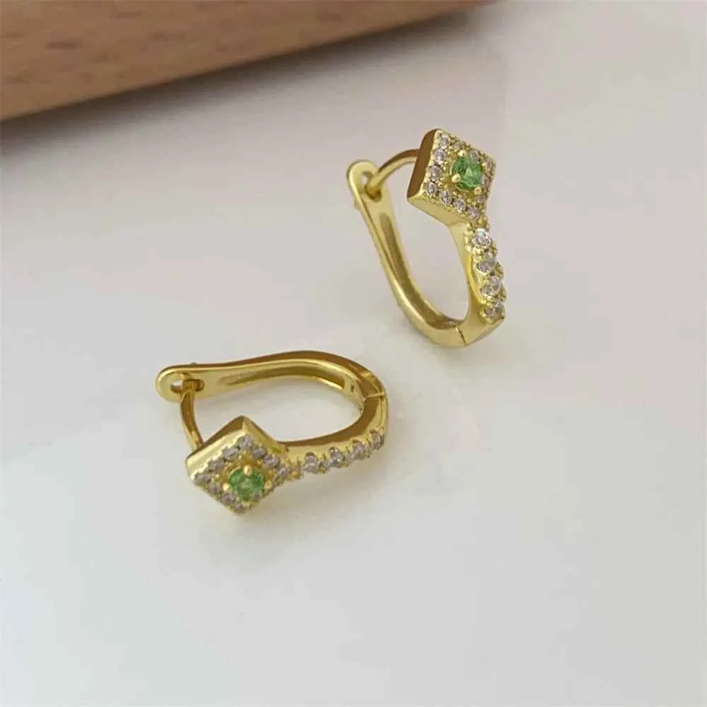 925 Sterling Silver Hoop Earrings Charm Jewelry - Rhombus Green Zircon - Xm408