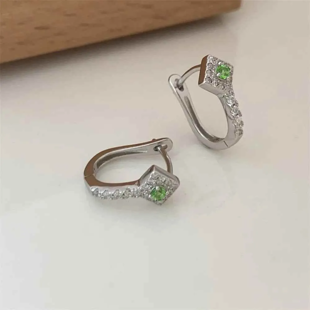 925 Sterling Silver Hoop Earrings Charm Jewelry - Rhombus Green Zircon - Xm408