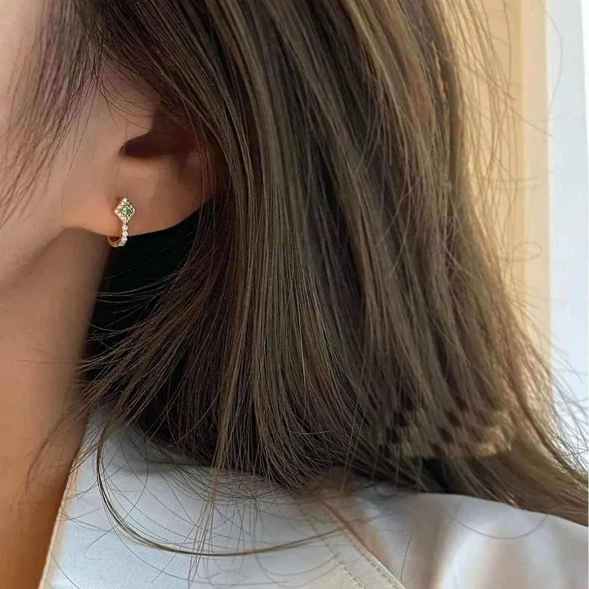 925 Sterling Silver Hoop Earrings Charm Jewelry - Rhombus Green Zircon - Xm408
