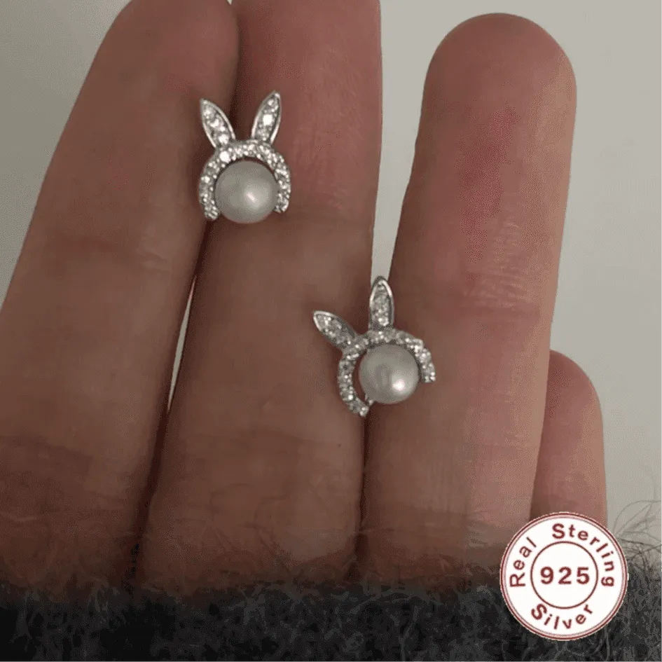 925 Sterling Silver Stud Earrings Charm Jewelry - Bunny Pearl Zircon - Xm402