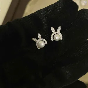 925 Sterling Silver Stud Earrings Charm Jewelry - Bunny Pearl Zircon - Xm402