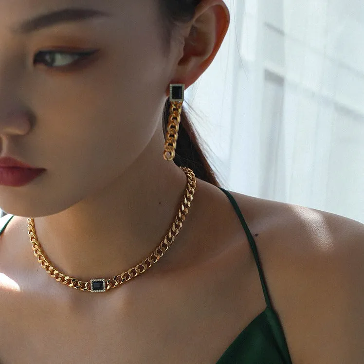 Black Square Zircon Chain Earrings