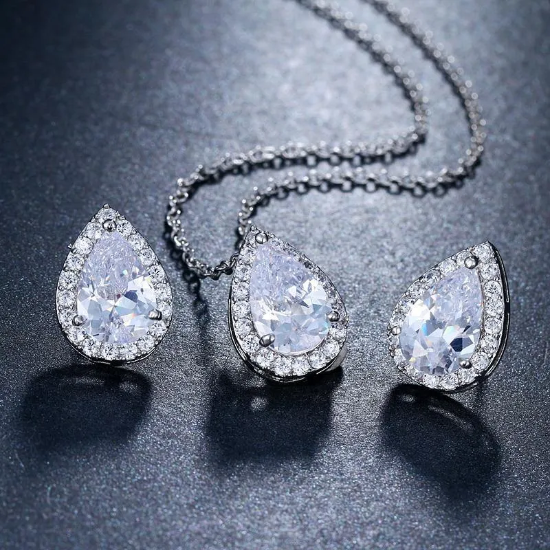 Desirable Economical Water Drop AAA  Quality Cubic Zirconia CZ Stone 2 Piece Wedding Bridal Jewelry Set