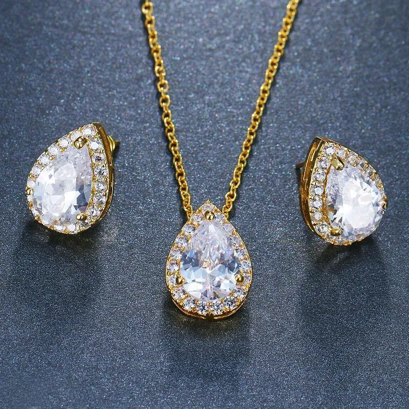 Desirable Economical Water Drop AAA  Quality Cubic Zirconia CZ Stone 2 Piece Wedding Bridal Jewelry Set