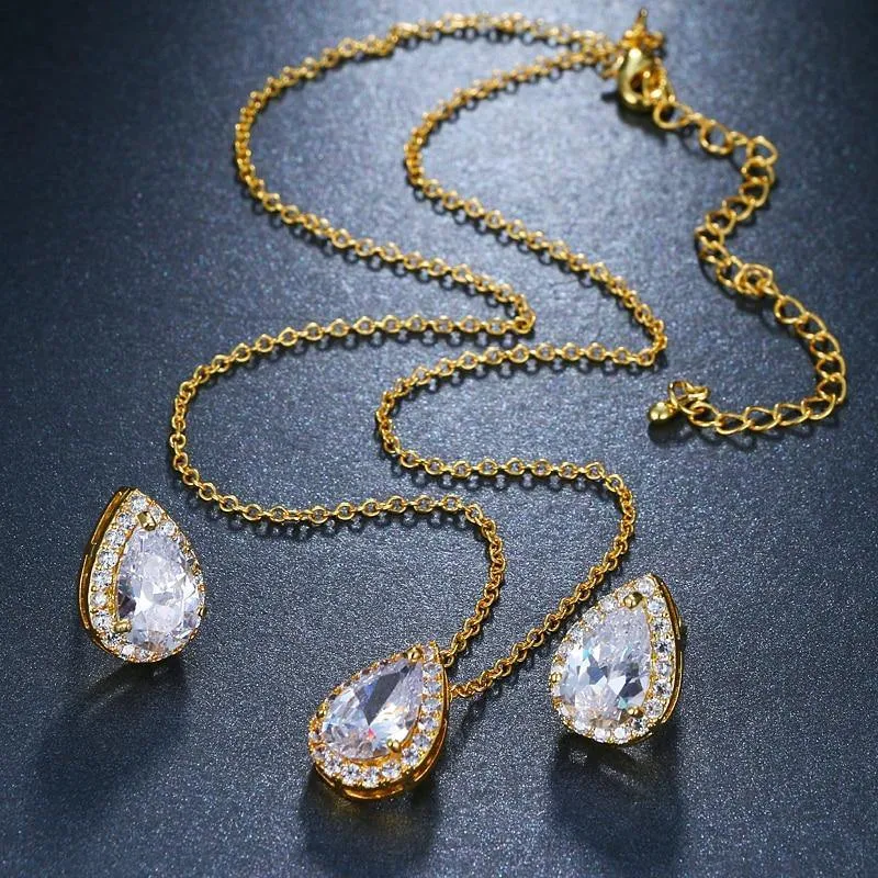 Desirable Economical Water Drop AAA  Quality Cubic Zirconia CZ Stone 2 Piece Wedding Bridal Jewelry Set