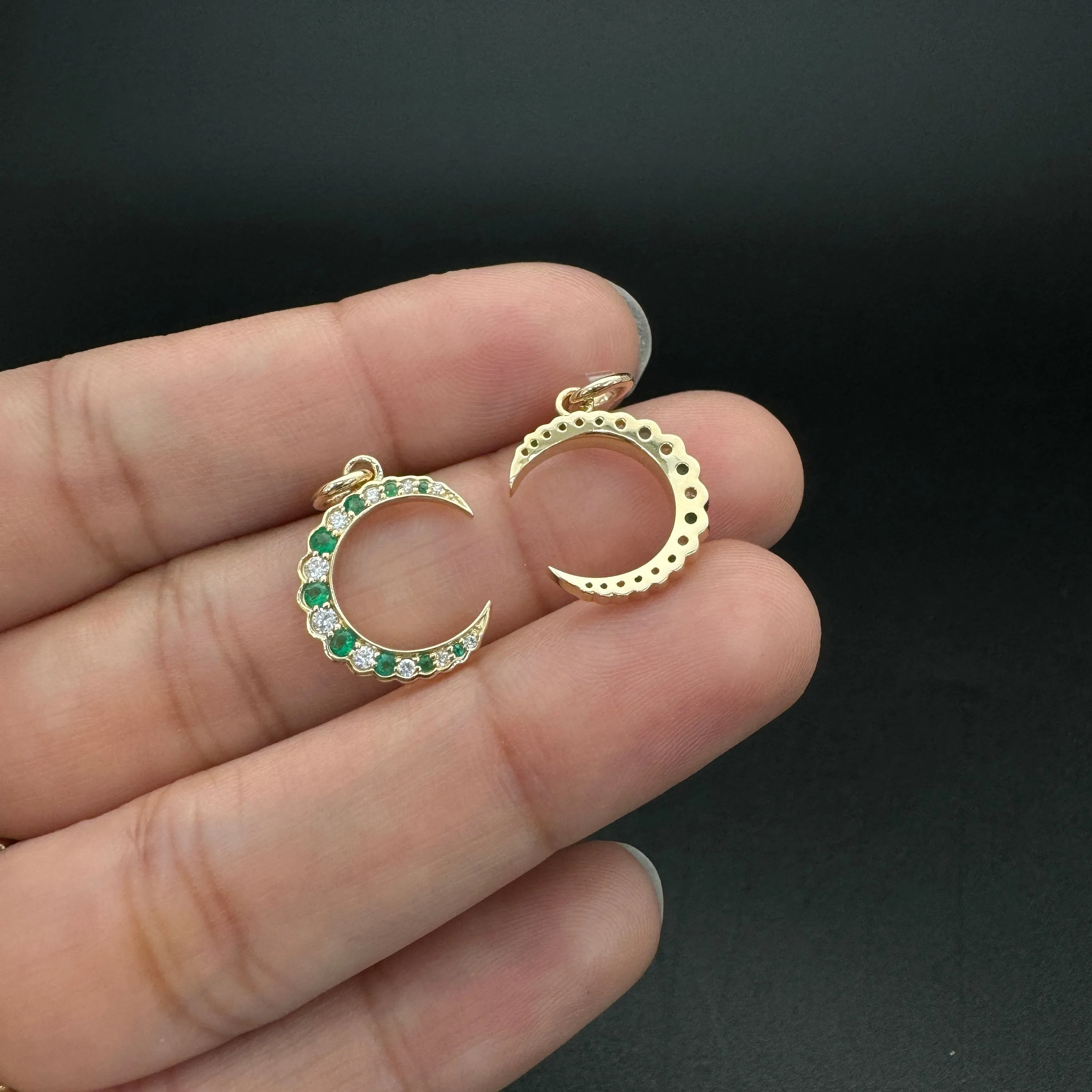 Diamond & Emerald Moon Charm 13.6x5x12mm