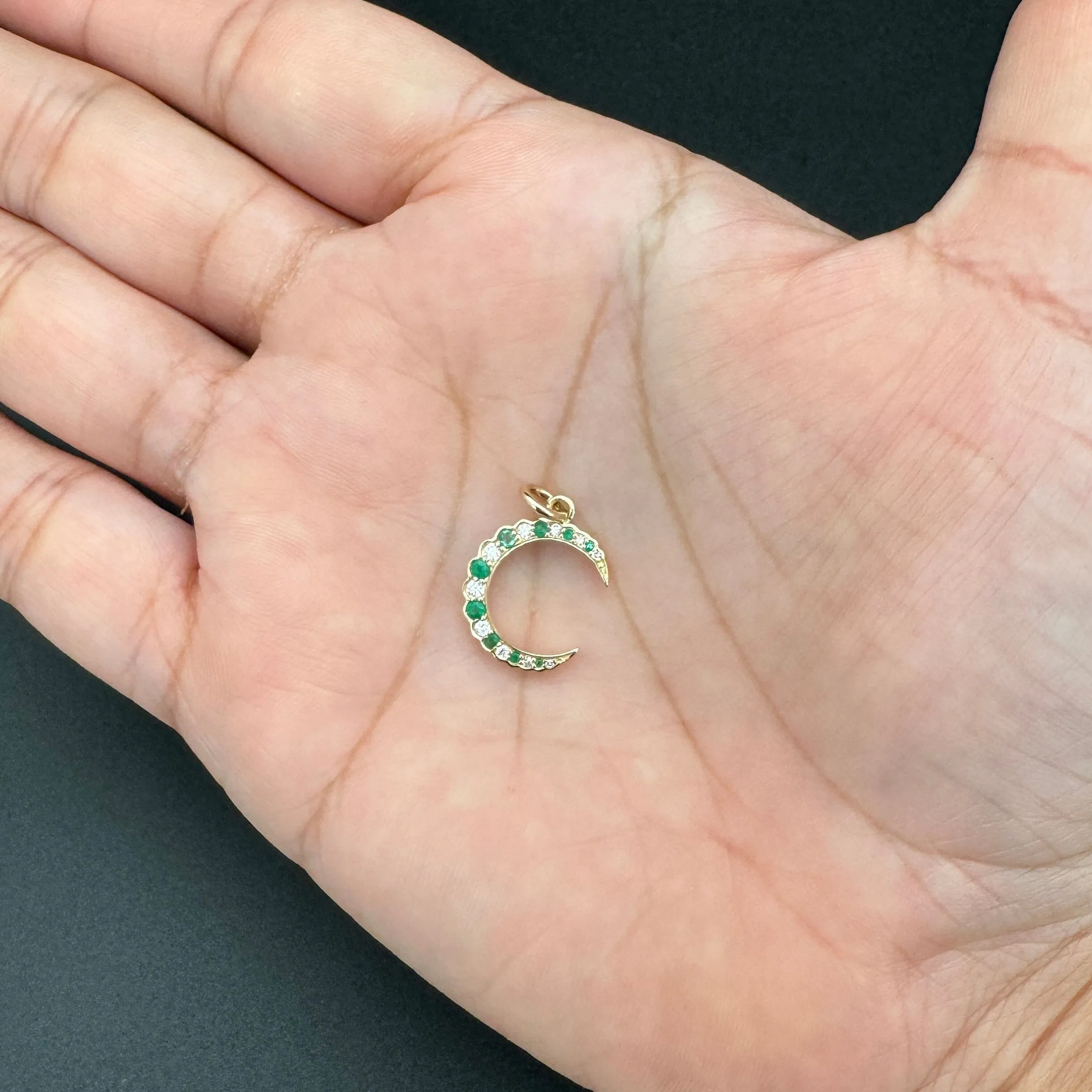 Diamond & Emerald Moon Charm 13.6x5x12mm