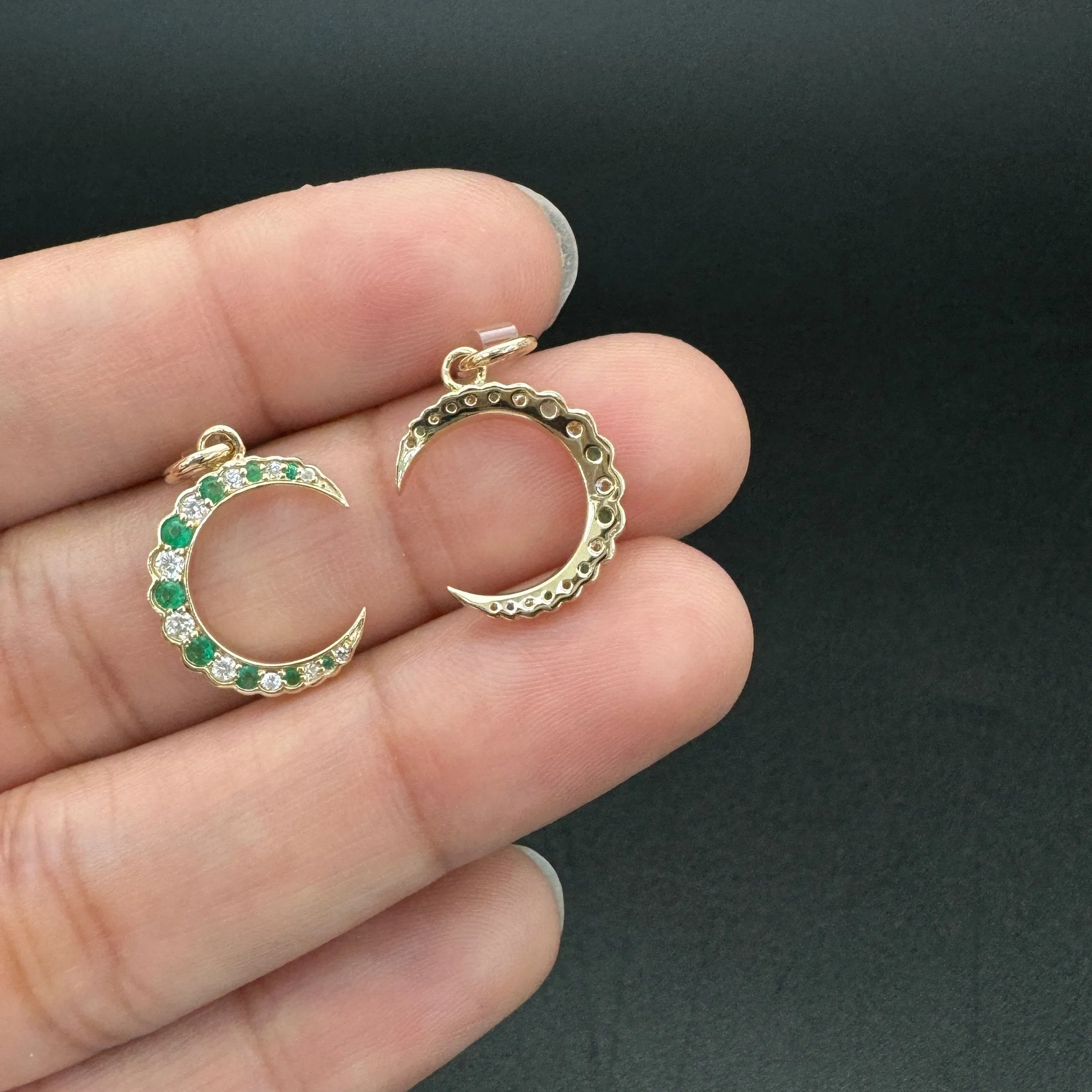Diamond & Emerald Moon Charm 13.6x5x12mm