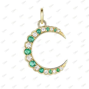 Diamond & Emerald Moon Charm 13.6x5x12mm