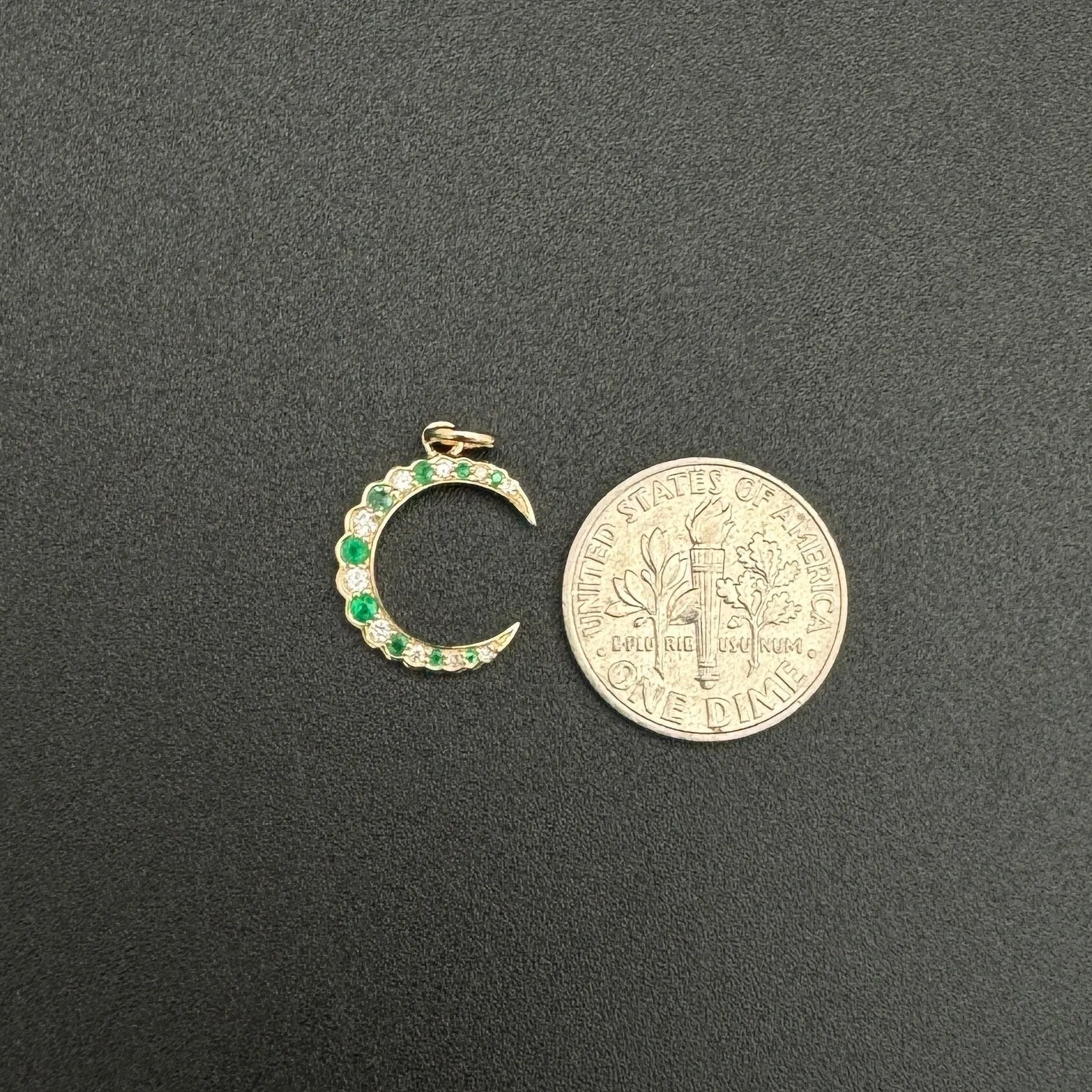Diamond & Emerald Moon Charm 13.6x5x12mm