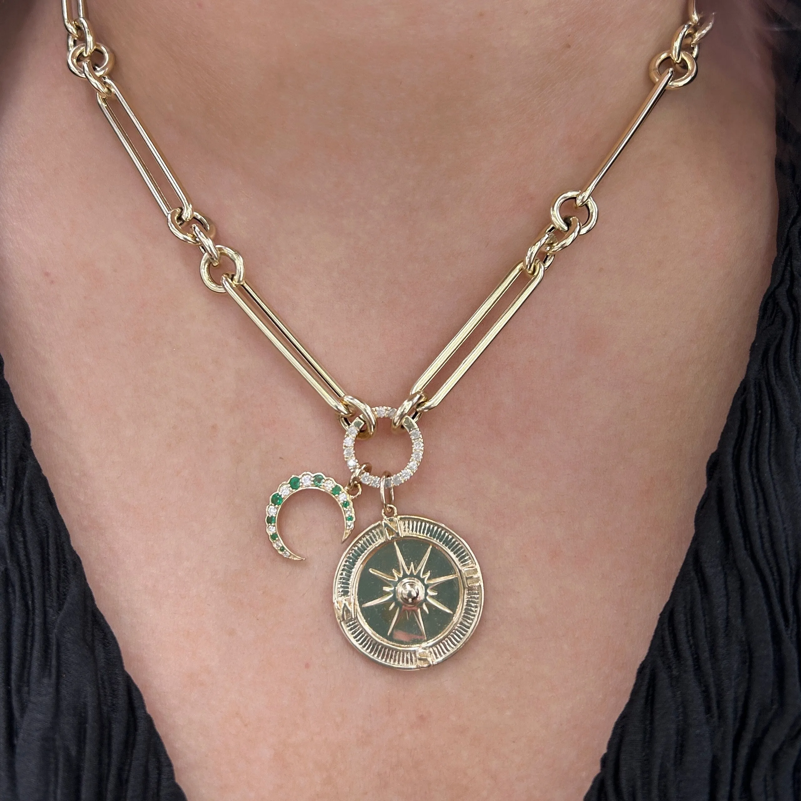 Diamond & Emerald Moon Charm 13.6x5x12mm