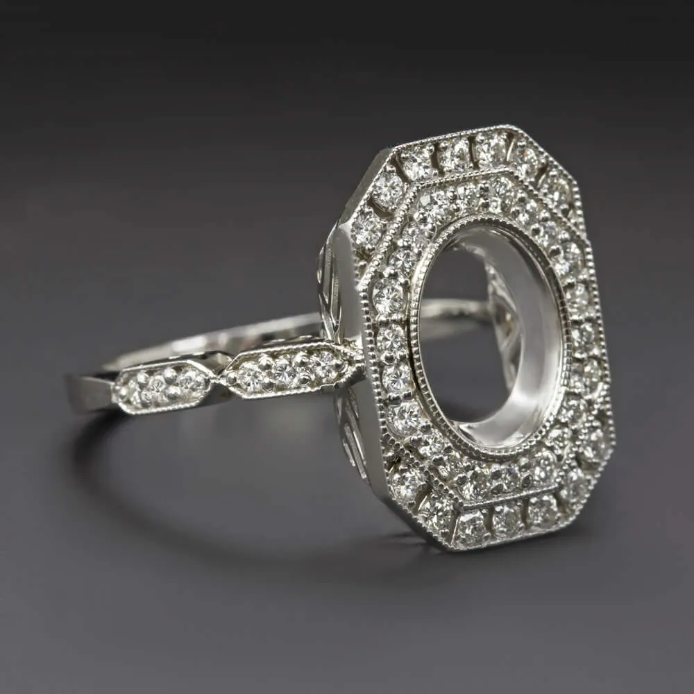DIAMOND RING SETTING ART DECO BEZEL SEMI MOUNT VINTAGE STYLE OVAL 14k WHITE GOLD