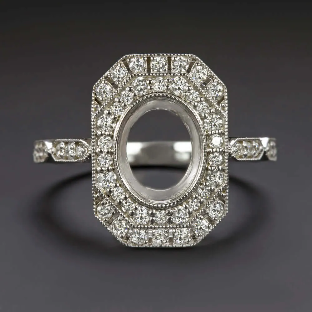DIAMOND RING SETTING ART DECO BEZEL SEMI MOUNT VINTAGE STYLE OVAL 14k WHITE GOLD