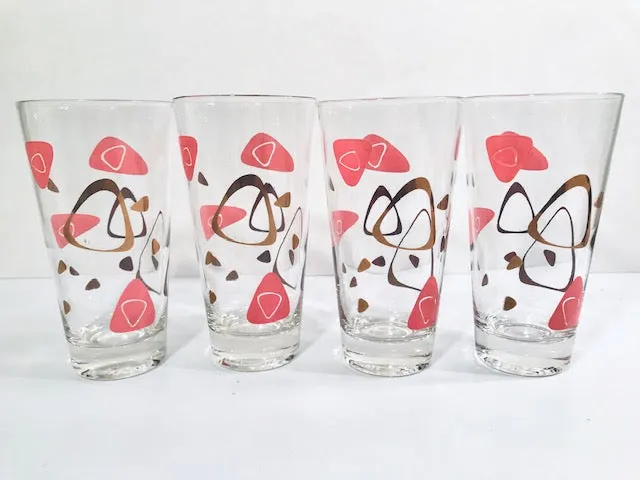 Federal Glass Mid-Century Pink and 22-Karat Gold Amoeba Boomerang Atomic Highball Glasses (Set of 4)