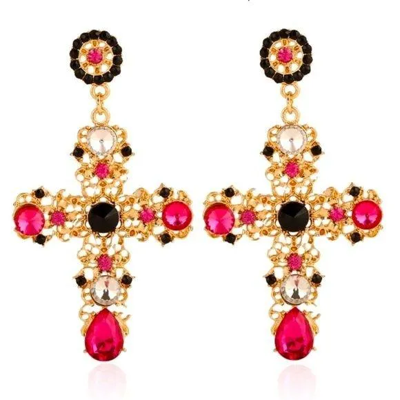 Glittery Gold Dangling Cross Earrings