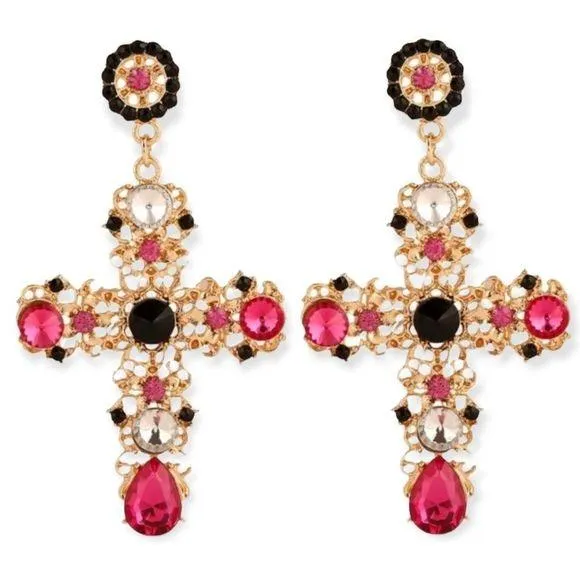 Glittery Gold Dangling Cross Earrings