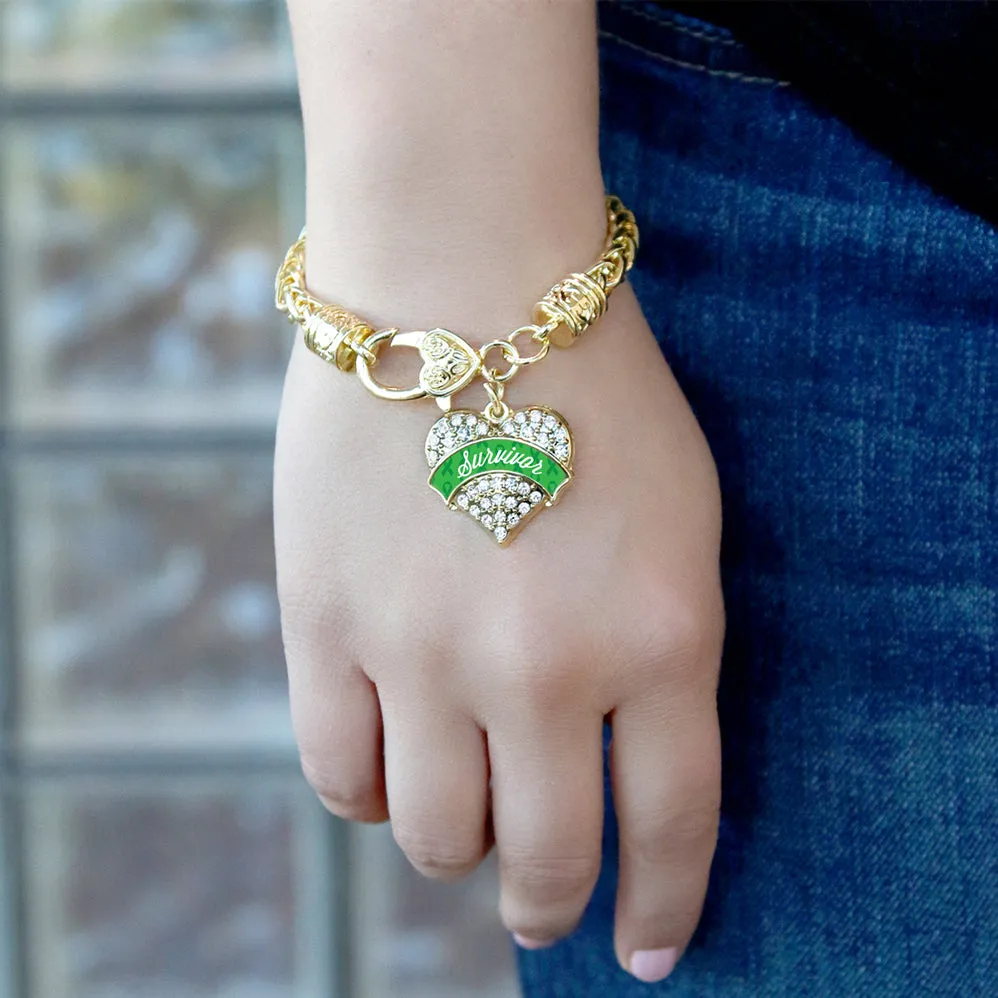 Gold Green Survivor Pave Heart Charm Braided Bracelet