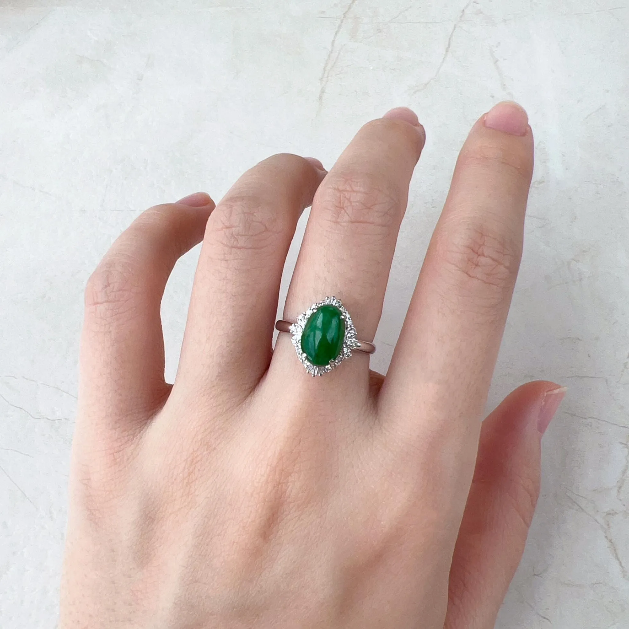 Green Jadeite Jade Halo Ring, 18K White Gold with natural diamonds, Size 5.50, SHWQ-0424-1732902490