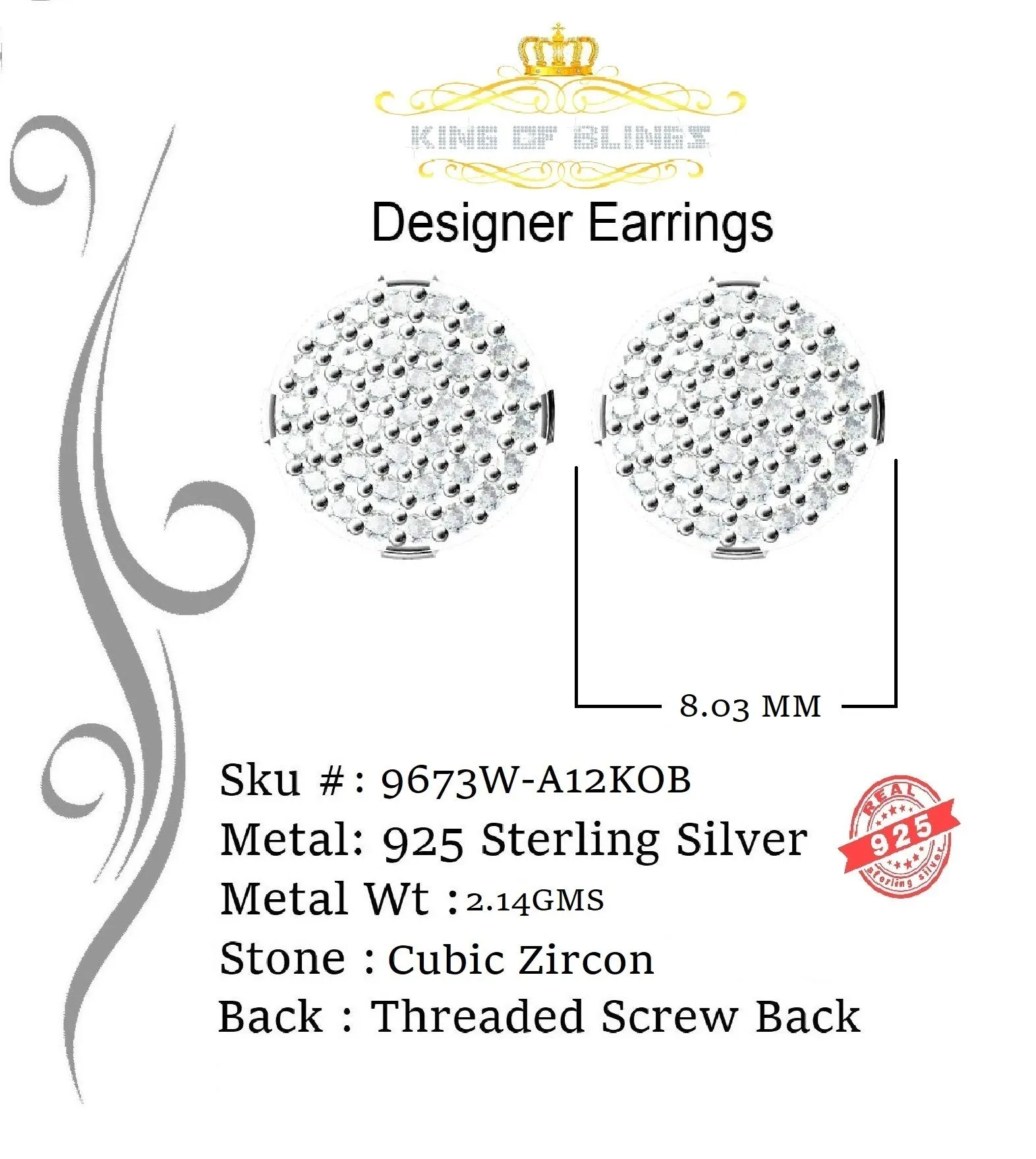 King of Blings- Aretes Para Hombre 925 White Silver 0.74ct Cubic Zirconia Round Women's Earrings