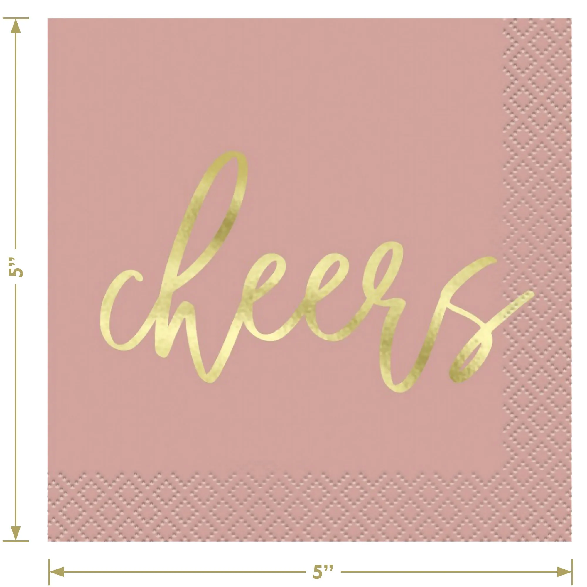 Metallic Gold Cheers on Neutral Colored Cocktail Beverage Napkins in Dusty Pink, Peony Pink, and Taupe (16 of each Color)