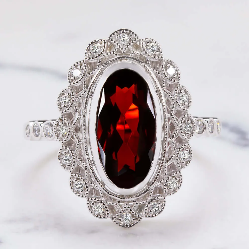 MOVAL RED GARNET DIAMOND RING VINTAGE STYLE MARQUISE HALO FILIGREE WHITE GOLD
